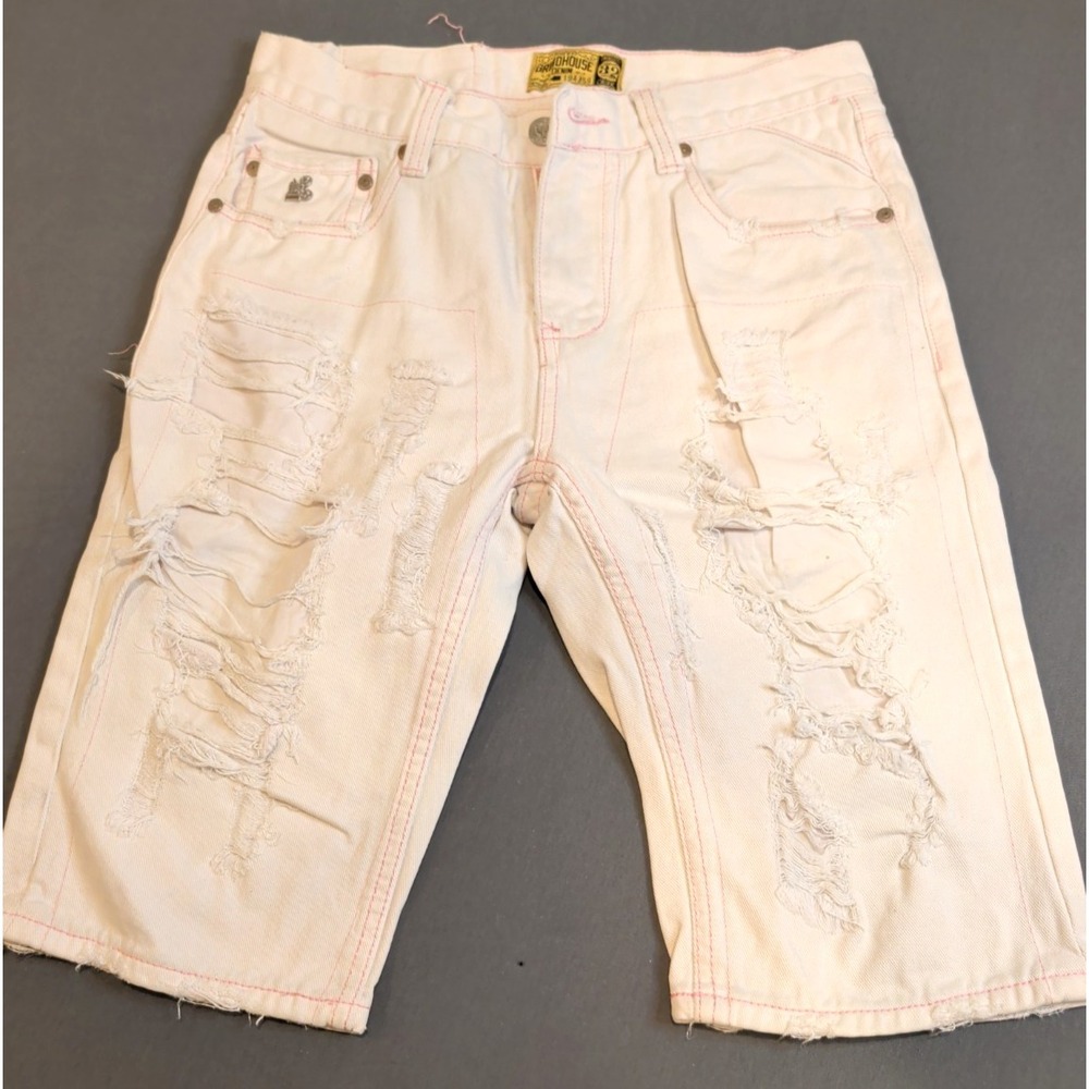 Grindhouse‎ Denim Distressed White Shorts Mens 32 Pink Stitch Raw Hem